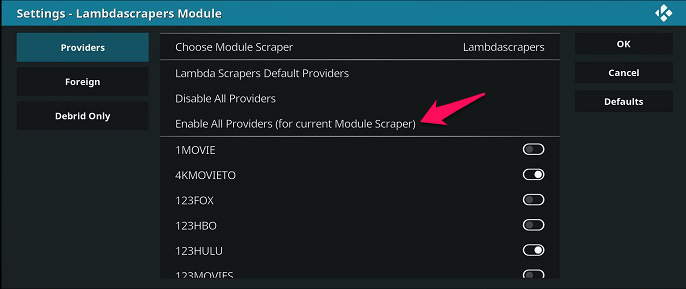 Kodi - قم بتمكين كل مزود لإرجاع Exodus