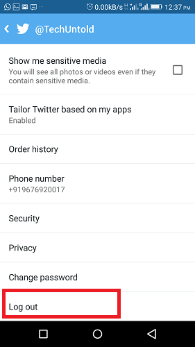 Afmelden bij Twitter-account Android