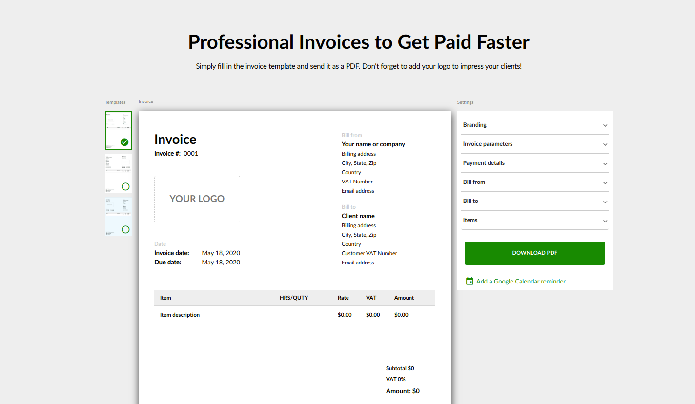 Logaster invoive generator UI