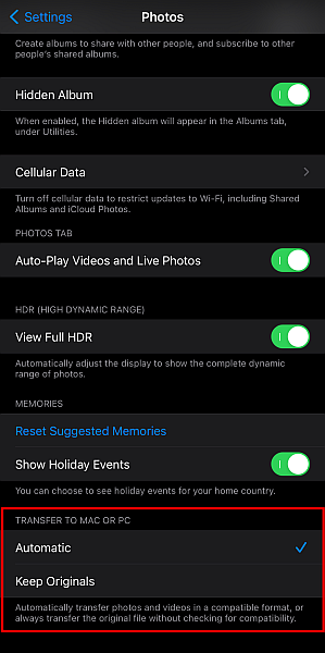 突出顯示傳輸到 mac 或 pc 設置的 Iphone 照片設置