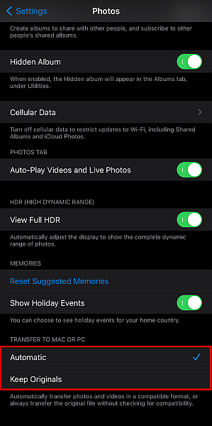 突出顯示傳輸到 mac 或 pc 選項的 Iphone 照片設置