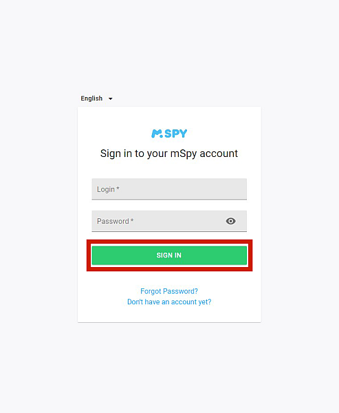 로그인 버튼이 강조 표시된 Mspy 로그인 페이지