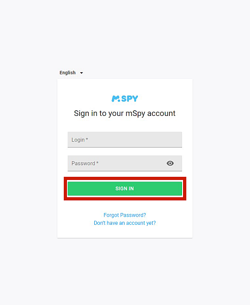 Oturum açma düğmesinin vurgulandığı Mspy oturum açma sayfası