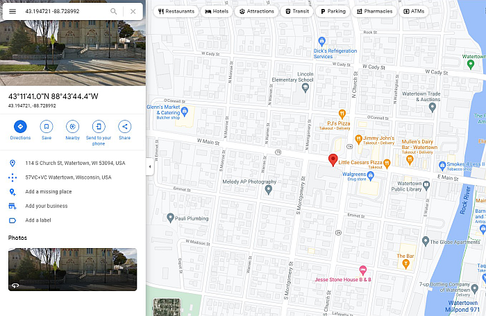 위스콘신 주 워터타운 처치 스트리트에 있는 주소의 Google 지도 스크린샷