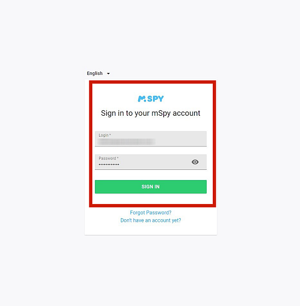 mSpy inloggningssida med inloggnings- och lösenordsrutan fylld