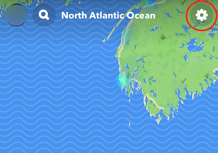 Página de mapa no Snapchat com o ícone de configurações realçado