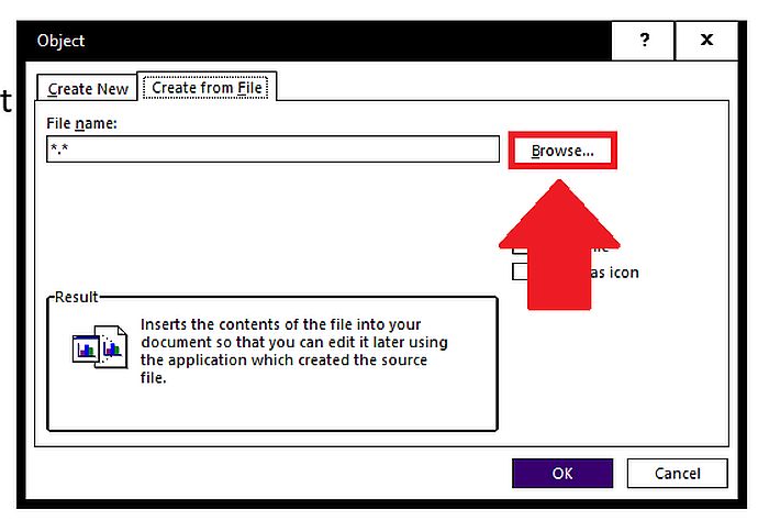 Blader naar het bestand dat u in een Word-document wilt invoegen