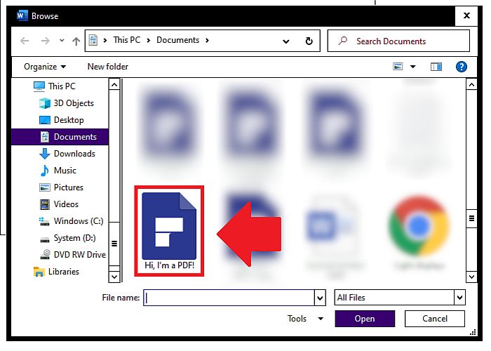 Het bestand kiezen dat als object in een Word-document moet worden ingevoegd