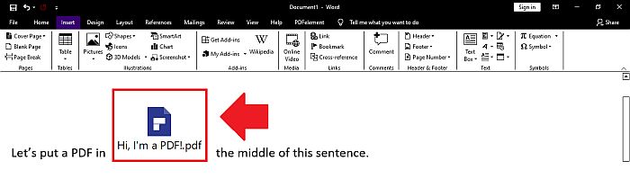Archivo PDF que se muestra como un objeto insertado en un archivo de Word