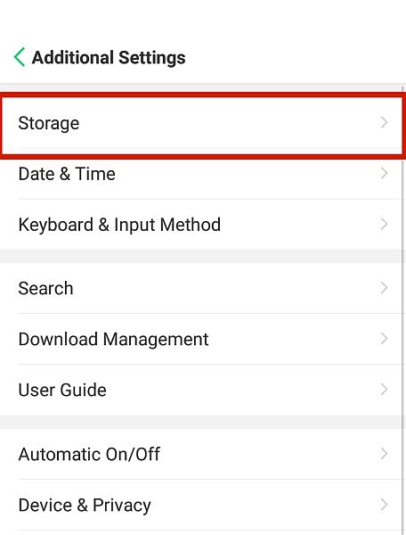突出显示“存储”选项卡的 Android 附加设置