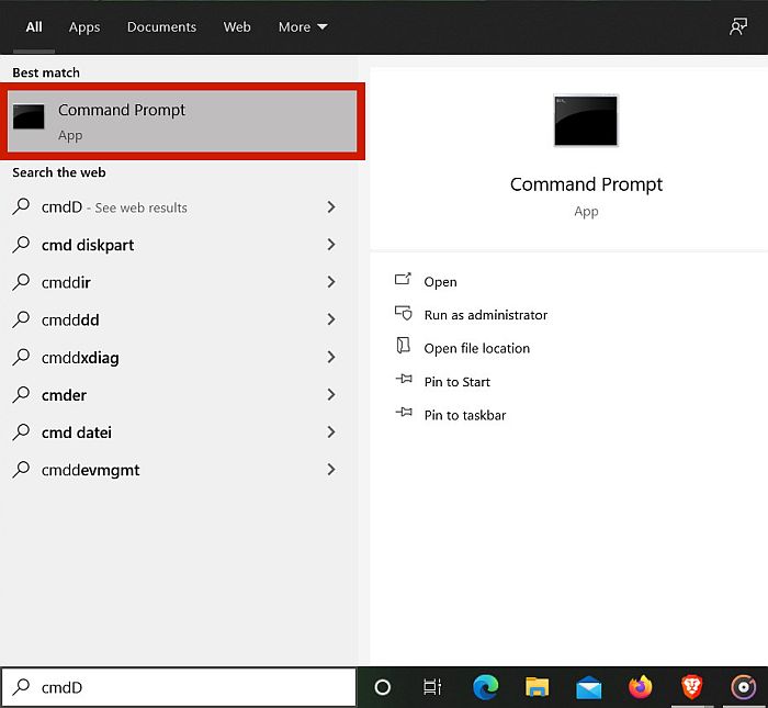 cmd 的 Windows 搜索结果，其中突出显示了命令提示符应用程序