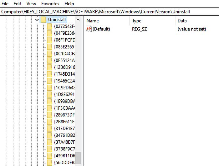 Снимок экрана папки удаления в редакторе реестра Windows