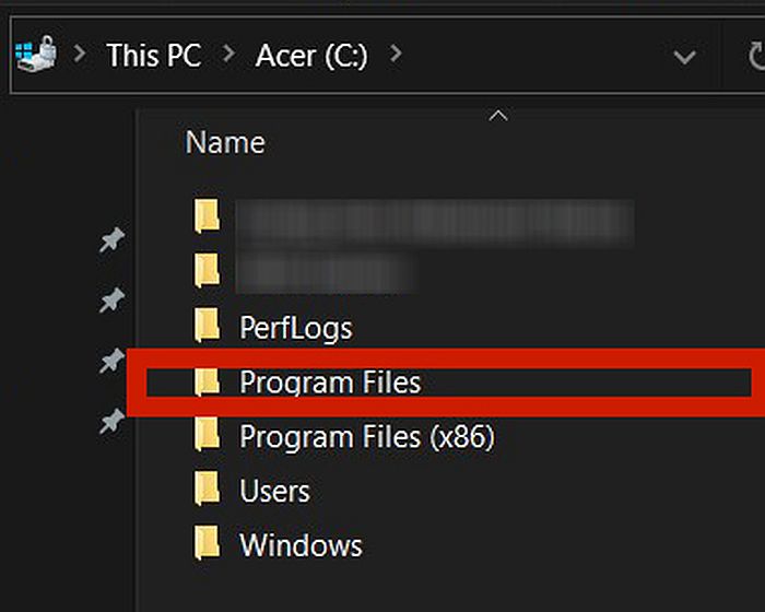 突出显示程序文件夹的 pc 驱动器 c 窗口的屏幕截图