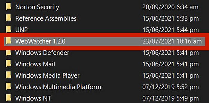 Папка Program Files с выделенной папкой webwatcher 1.2.0