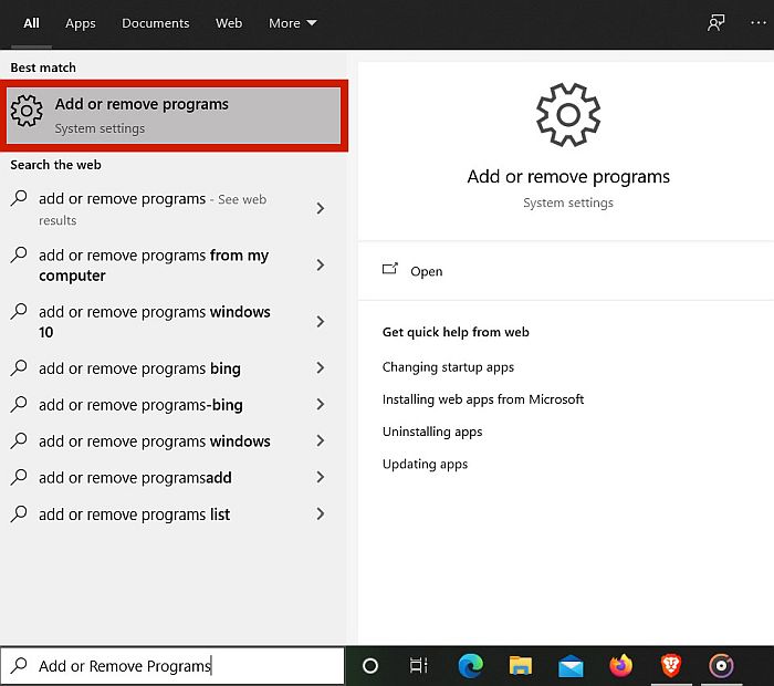 在 windows 中添加或删除程序搜索结果