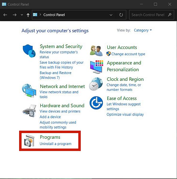 突出显示程序选项的 Windows 控制面板的屏幕截图
