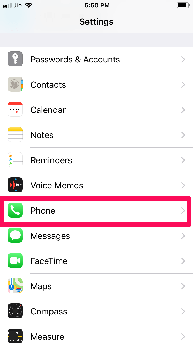 Možnost telefonu v nastavení iPhone