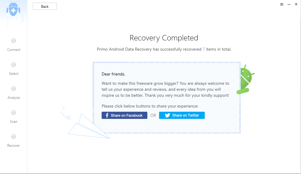 Primo Android Data Recovery onnistui