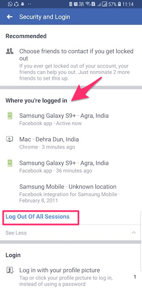 تسجيل الخروج عن بعد من جميع جلسات Facebook Android