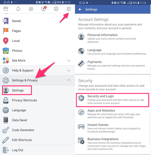 قم بتسجيل الخروج عن بعد من تطبيق Facebook Android