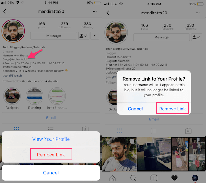 fjern dit profillink fra en persons bio på Instagram