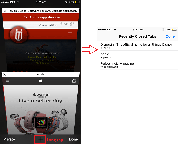 Открытие недавно закрытых вкладок в Safari на iPhone/iPad