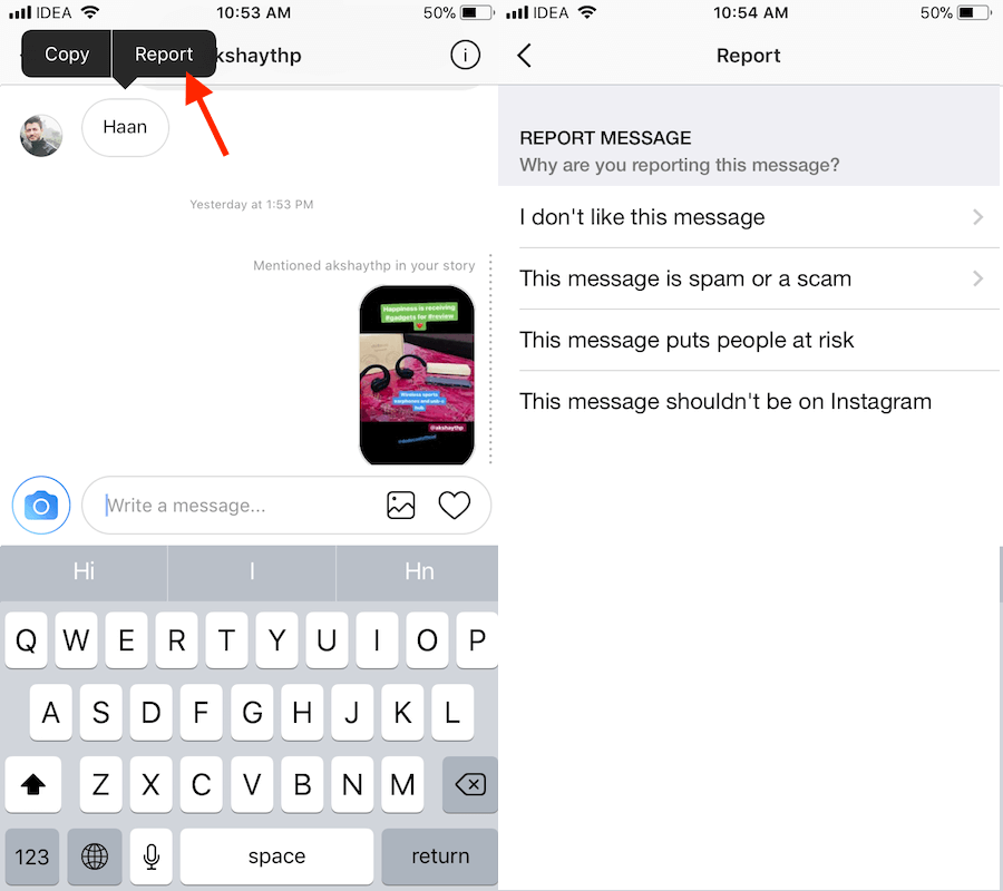 Сообщить об оскорблении в Instagram DM