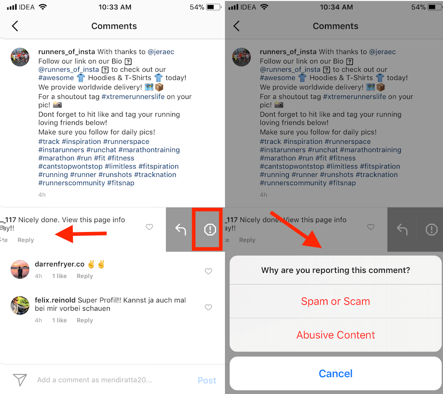 Сообщить об оскорбительных комментариях в Instagram