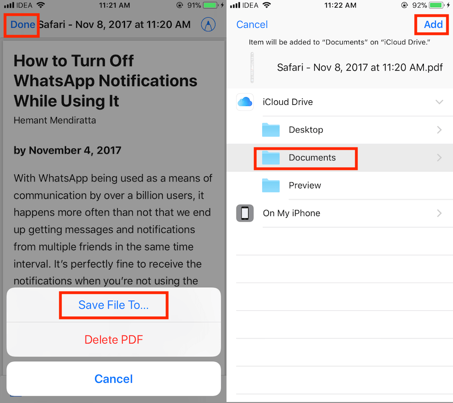 Salve páginas da Web como PDF no iPhone com iOS 11