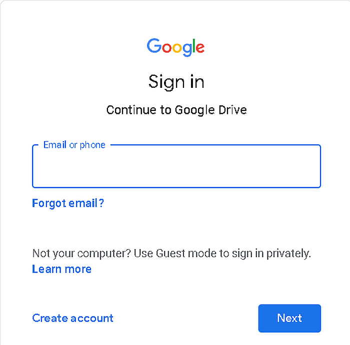 Přihlašovací stránka pro Disk Google