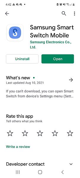 Strona szczegółów aplikacji mobilnej Samsung Smart Switch w Google Play