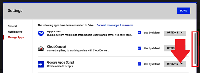 Google Drive - Página Administrar aplicaciones