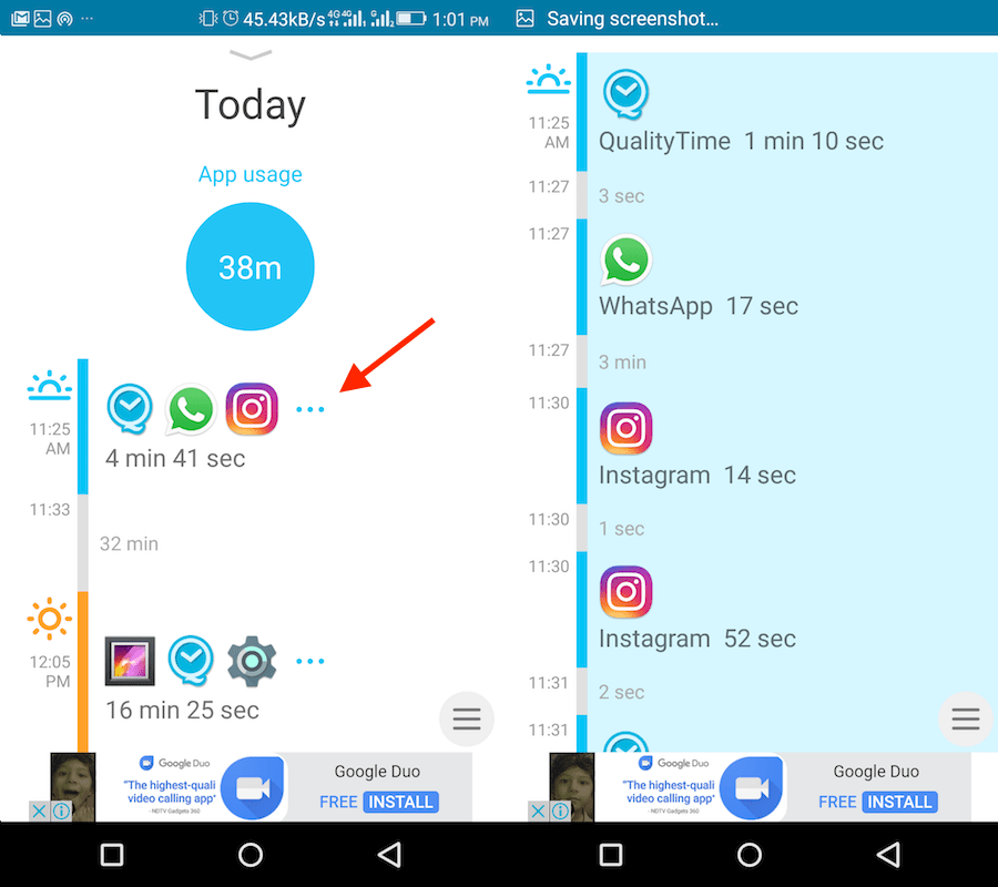 انظر الوقت المستغرق في التطبيقات الفردية على Android