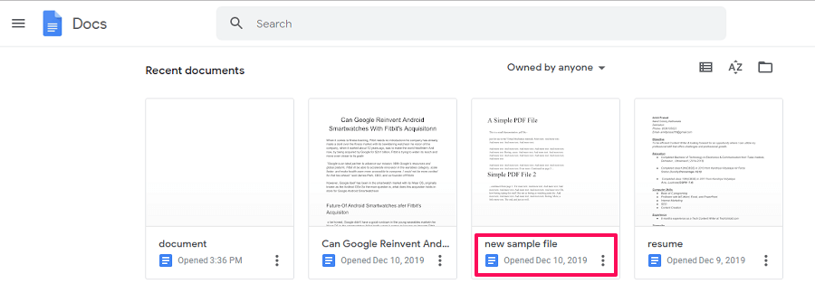 Välj ett dokument i Google Dokument