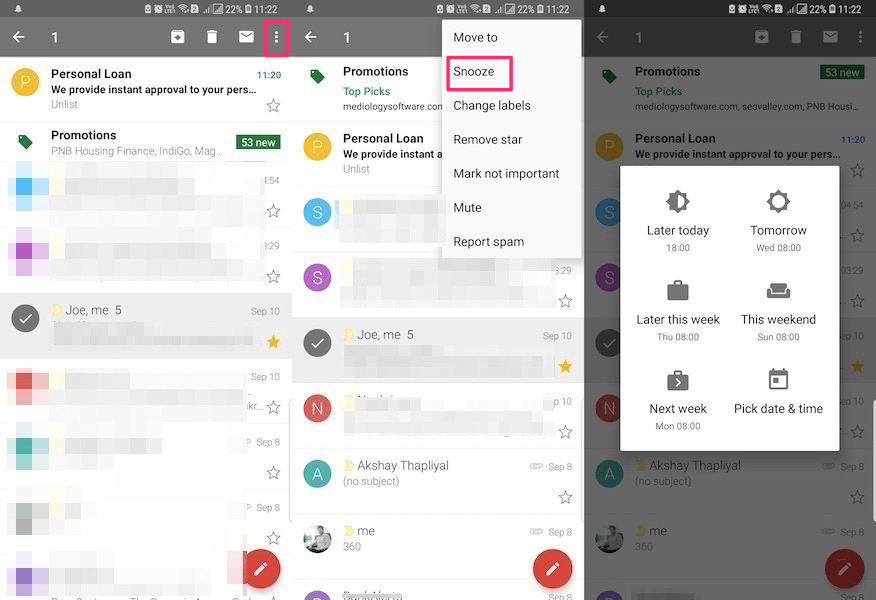 Откладывать электронные письма Gmail из приложения