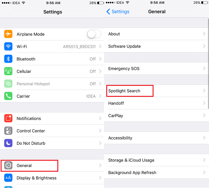 Spotlight keresési beállítások iOS