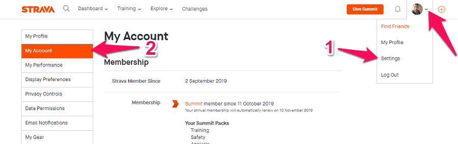 Paramètres Strava mon compte