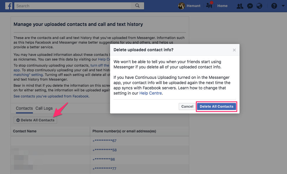 Synkronoidut yhteystiedot Facebook Messenger