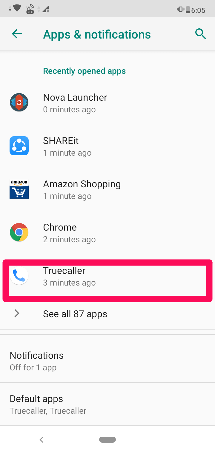 Aplikace Truecaller v nastavení aplikací a oznámení