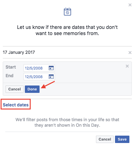 Sluk Facebook-minder fra bestemte datoer