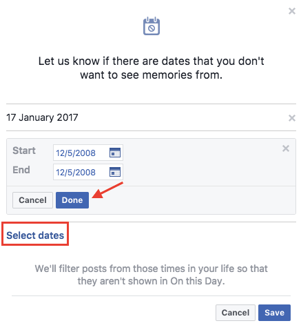 Poista Facebook-muistot käytöstä tietyiltä päivämääriltä