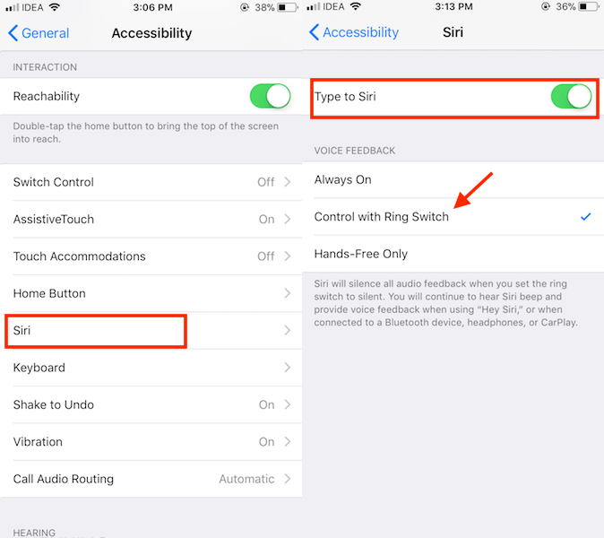 Ativar/desativar o tipo para Siri no iPhone