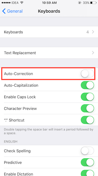 Disattiva la correzione automatica su iPhone o iPad