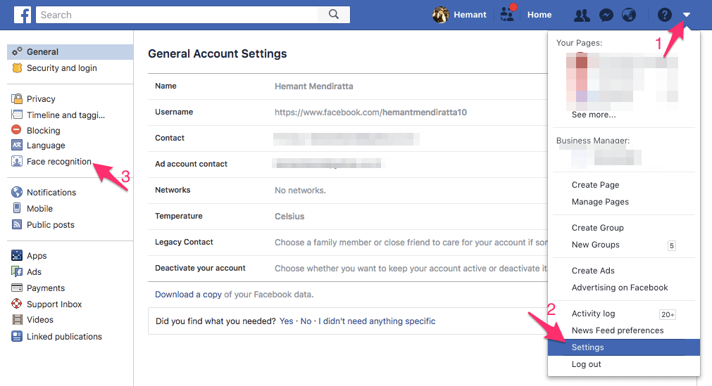 Slå ansigtsgenkendelse fra på Facebook fra webstedet