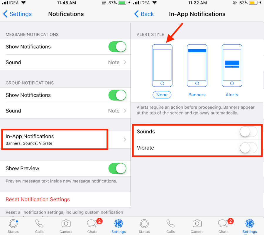 Turn off WhatsApp in-app notifications