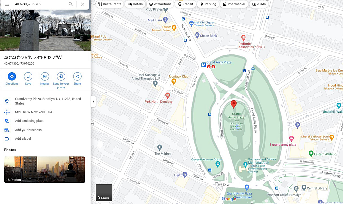 뉴욕 브루클린에 있는 그랜드 아미 플라자의 Google 지도 스크린샷