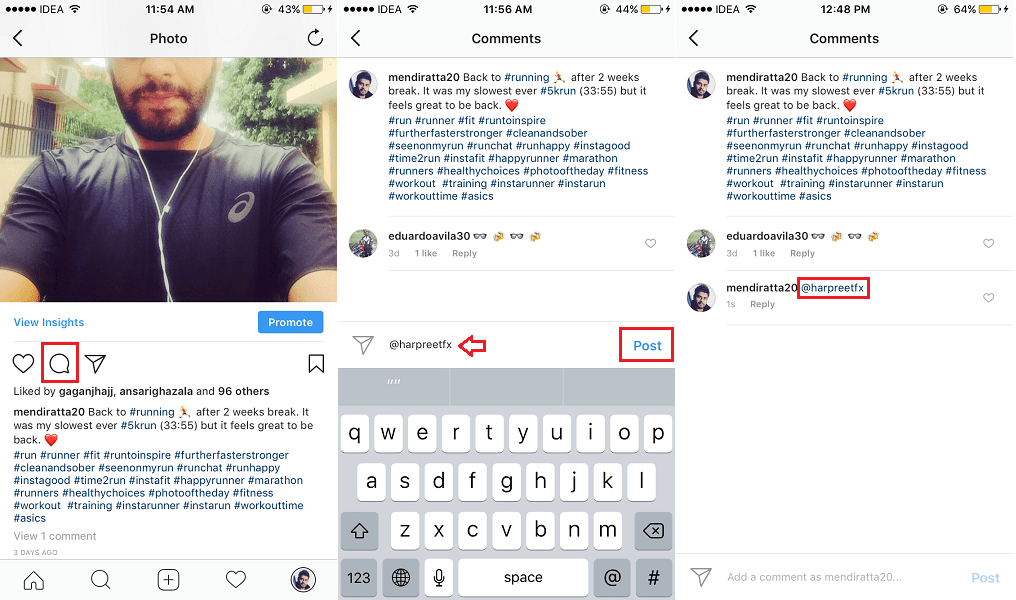 Komentář s uživatelským jménem na Instagramu