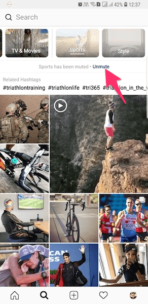 Instagramの[探索]タブでチャンネルのミュートを解除する