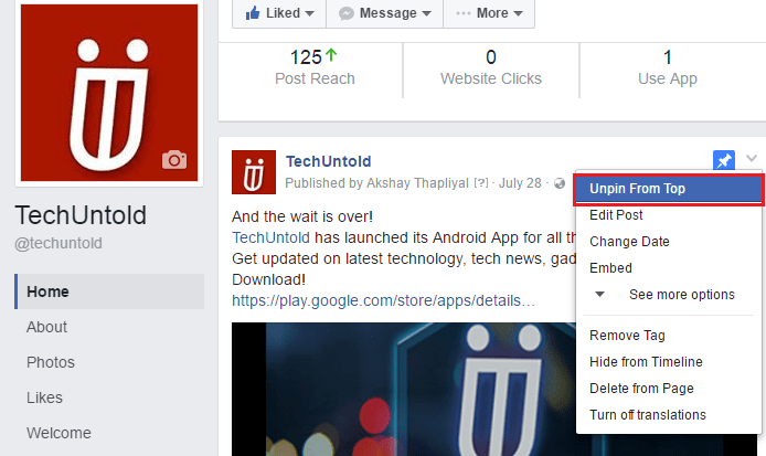 取消固定 Facebook 页面和群组上的帖子