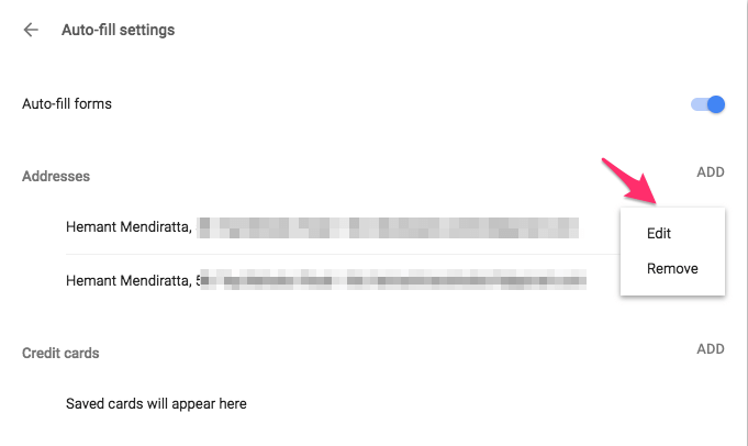 Päivitä automaattisen täytön merkinnät Chrome